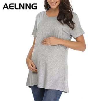  Женска Тениска за кърмене, Дрехи за бременни, Летни Памучни Блузи за майки и кърмачки, Сиво Шарени Дрехи, с Голям Размер 9130