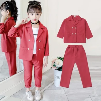  Костюми за момичета от 4 до 14 години, 2 броя, Двубортный сако с V-образно деколте и панталон с еластична гумена лента на талията, Дрехи за деца в корейски стил черен Цвят