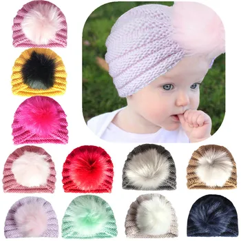  Нов продукт, Есенни и зимни детски шапки, Детски топли Вълнени шапки, Детски слушалки, шапки, детски шапки кожа-топки, подходящи за 0-3 години
